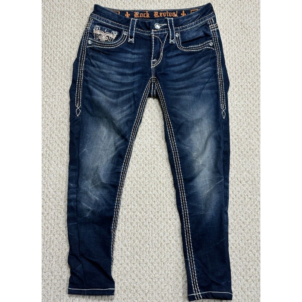 Rock Revival Capris Womens 25 Fits 26x23 SORREL Low Rise Dark Wash Whiskered